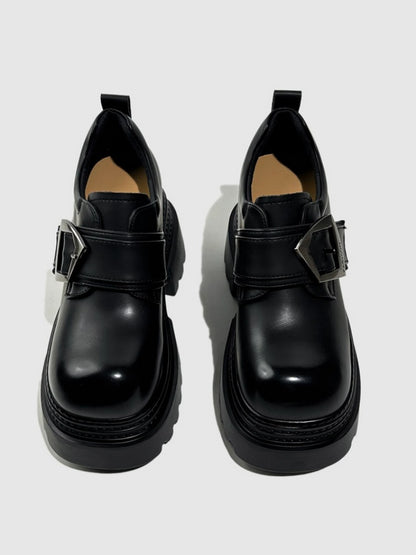 Vintage British Style Leather Metallic Buckle Platform Shoes【s0000016766】