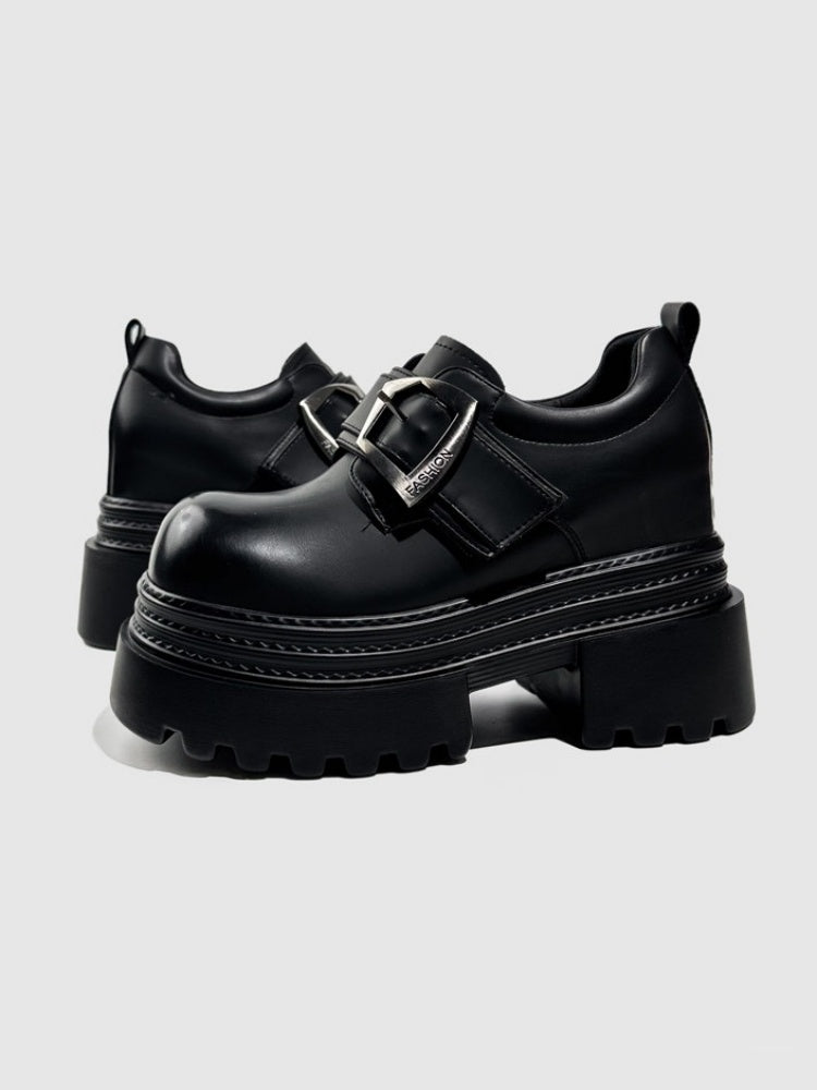 Vintage British Style Leather Metallic Buckle Platform Shoes【s0000016766】