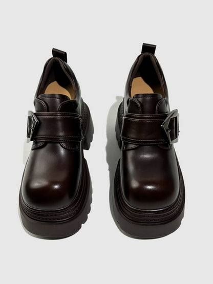 Vintage British Style Leather Metallic Buckle Platform Shoes【s0000016766】