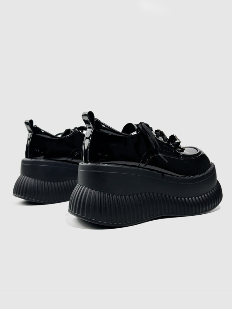 British Platform Mary Janes Metallic Ribbons Loafers【s0000016771】