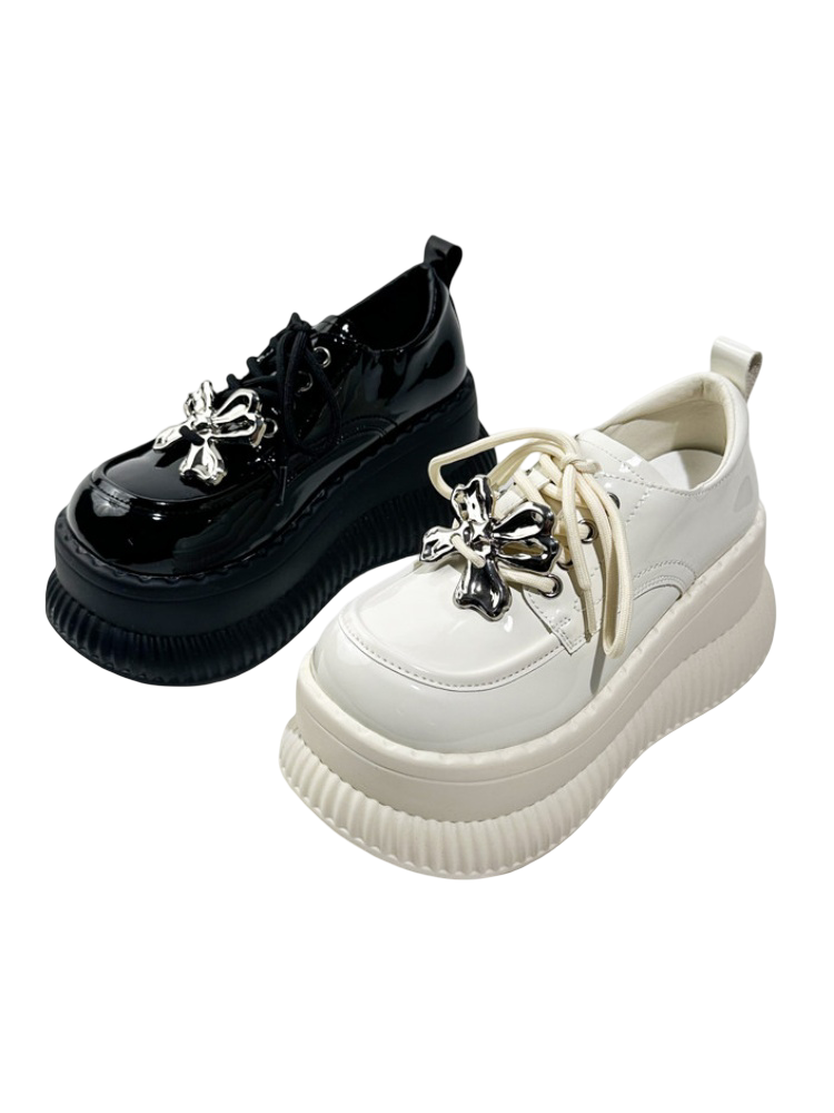 British Platform Mary Janes Metallic Ribbons Loafers【s0000016771】