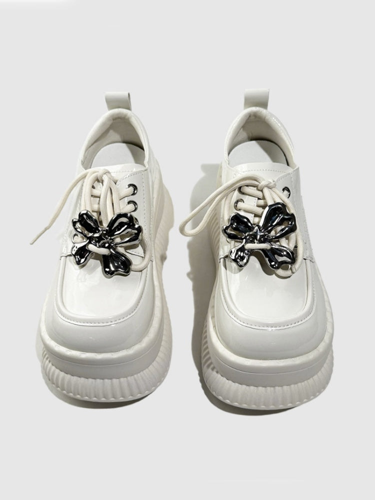 British Platform Mary Janes Metallic Ribbons Loafers【s0000016771】