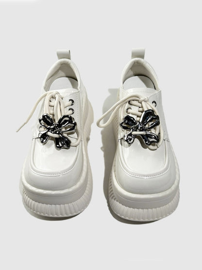 British Platform Mary Janes Metallic Ribbons Loafers【s0000016771】