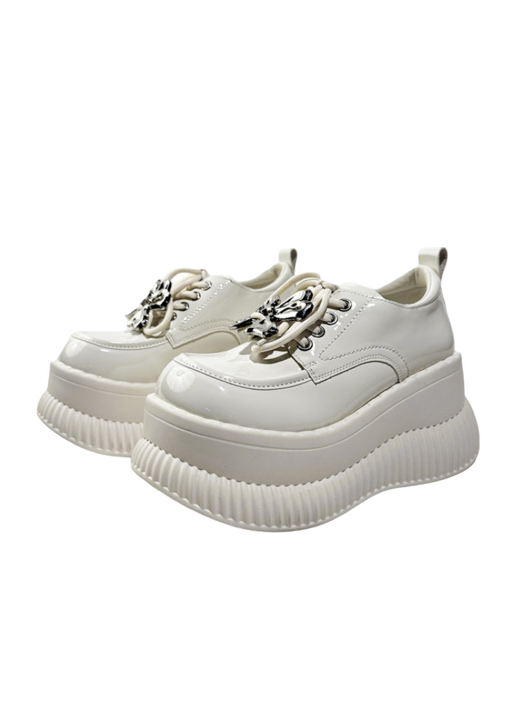 British Platform Mary Janes Metallic Ribbons Loafers【s0000016771】