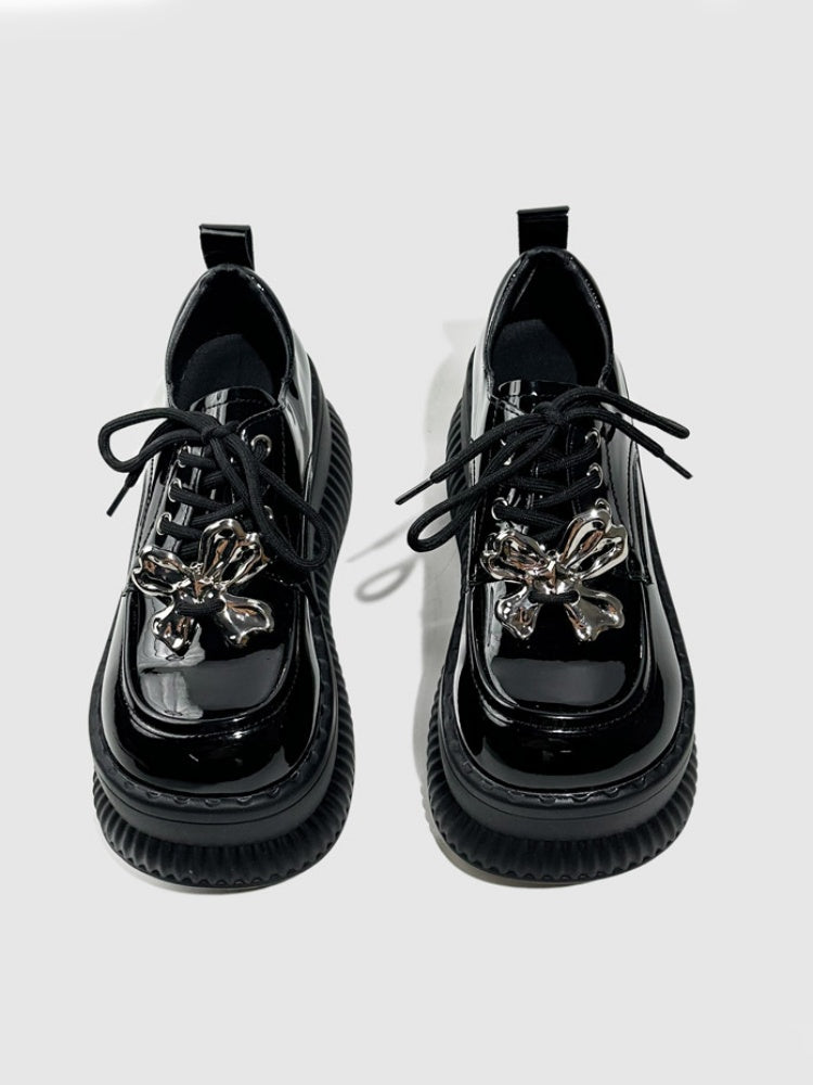British Platform Mary Janes Metallic Ribbons Loafers【s0000016771】