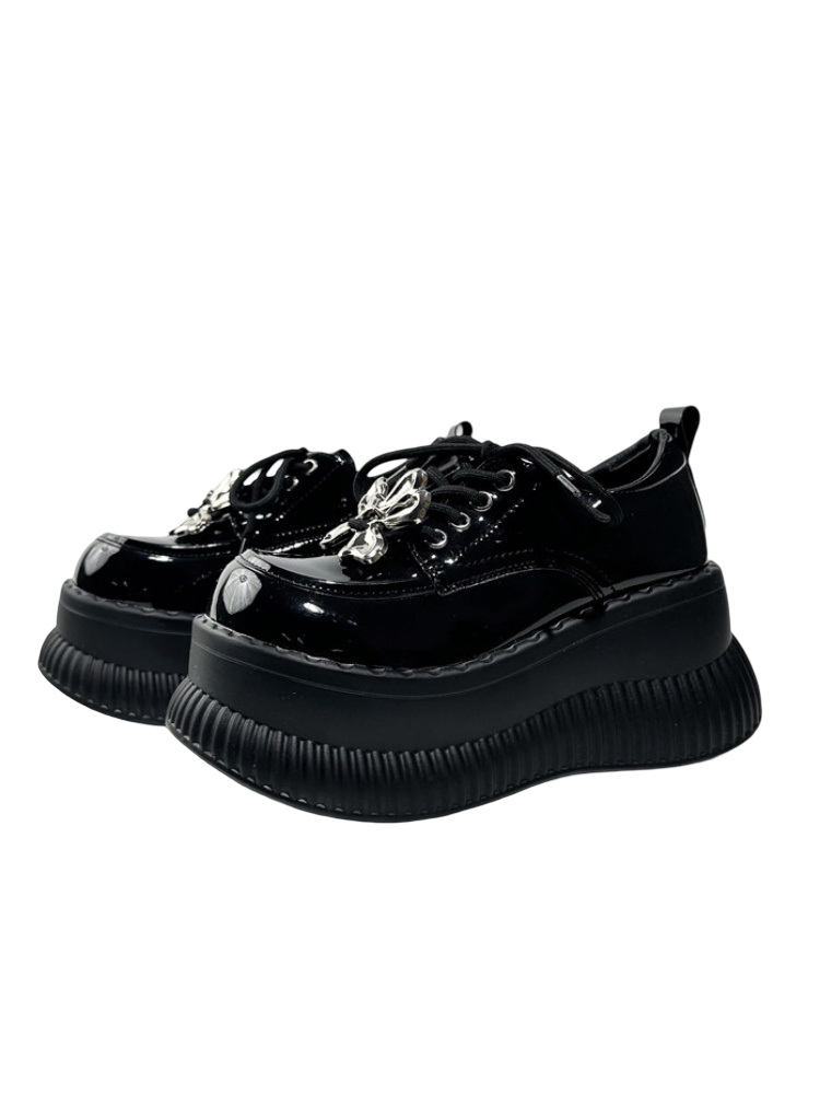 British Platform Mary Janes Metallic Ribbons Loafers【s0000016771】