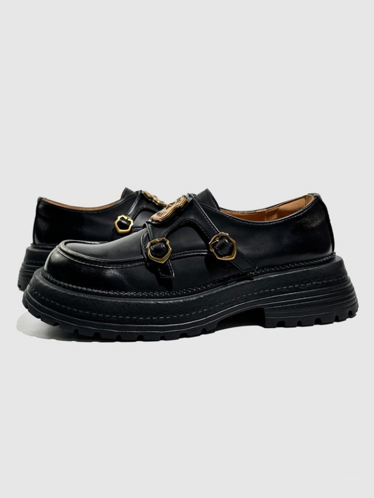 Vintage British College Gold Emblem Charm Platform Loafers【s0000016777】