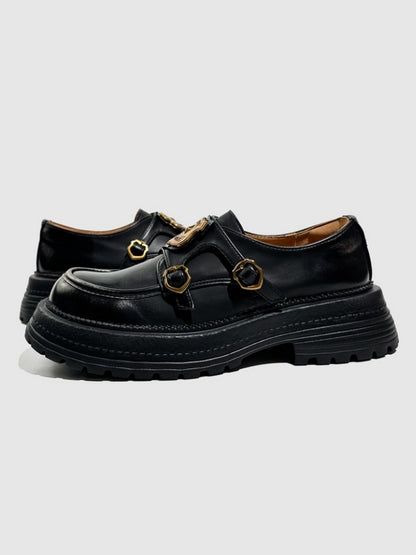 Vintage British College Gold Emblem Charm Platform Loafers【s0000016777】