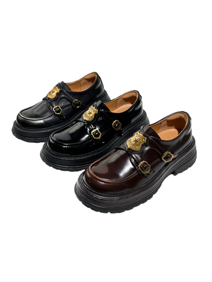 Vintage British College Gold Emblem Charm Platform Loafers【s0000016777】