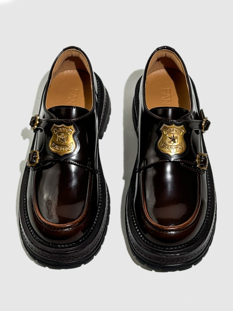 Vintage British College Gold Emblem Charm Platform Loafers【s0000016777】