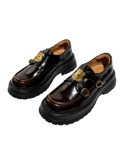 Vintage British College Gold Emblem Charm Platform Loafers【s0000016777】
