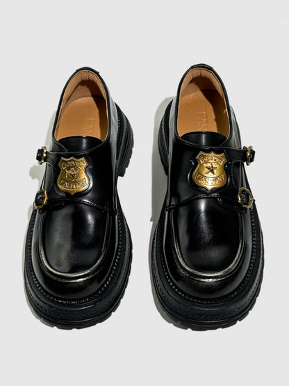 Vintage British College Gold Emblem Charm Platform Loafers【s0000016777】