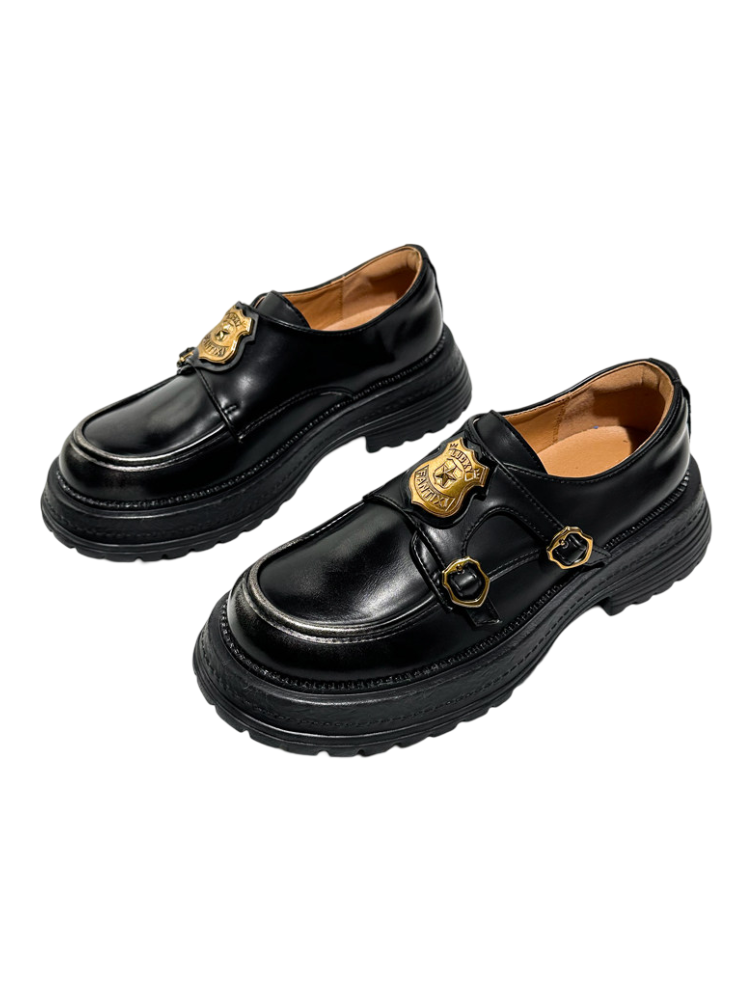 Vintage British College Gold Emblem Charm Platform Loafers【s0000016777】