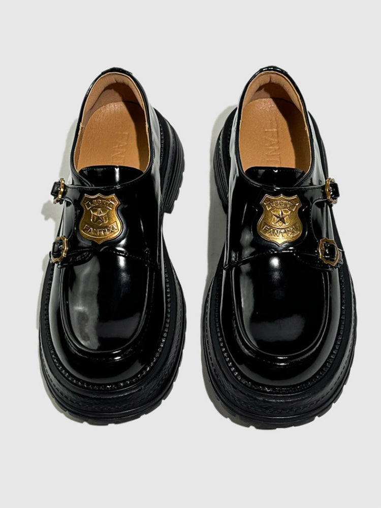 Vintage British College Gold Emblem Charm Platform Loafers【s0000016777】