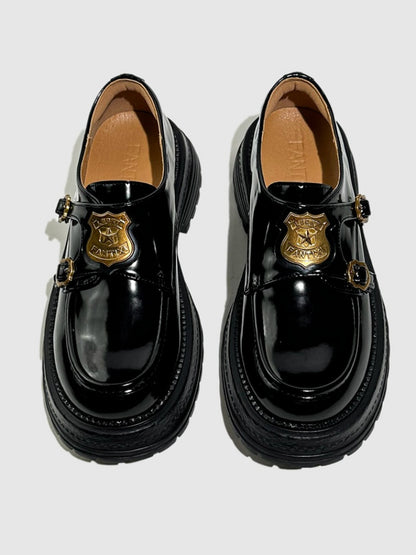 Vintage British College Gold Emblem Charm Platform Loafers【s0000016777】