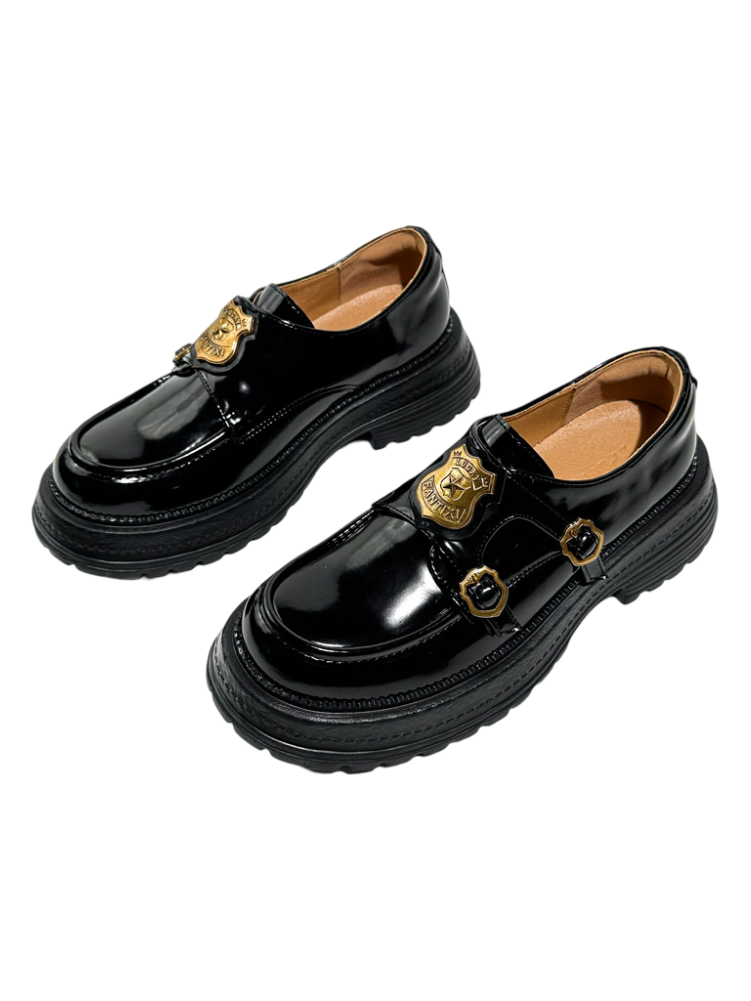 Vintage British College Gold Emblem Charm Platform Loafers【s0000016777】