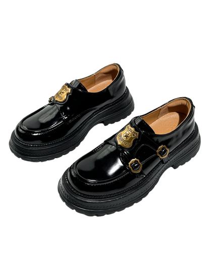 Vintage British College Gold Emblem Charm Platform Loafers【s0000016777】