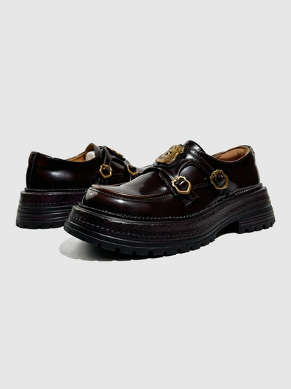 Vintage British College Gold Emblem Charm Platform Loafers【s0000016777】