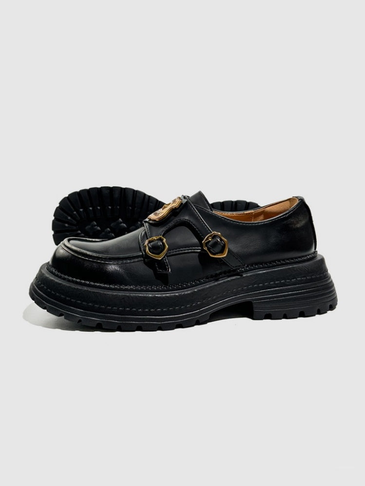 Vintage British College Gold Emblem Charm Platform Loafers【s0000016777】