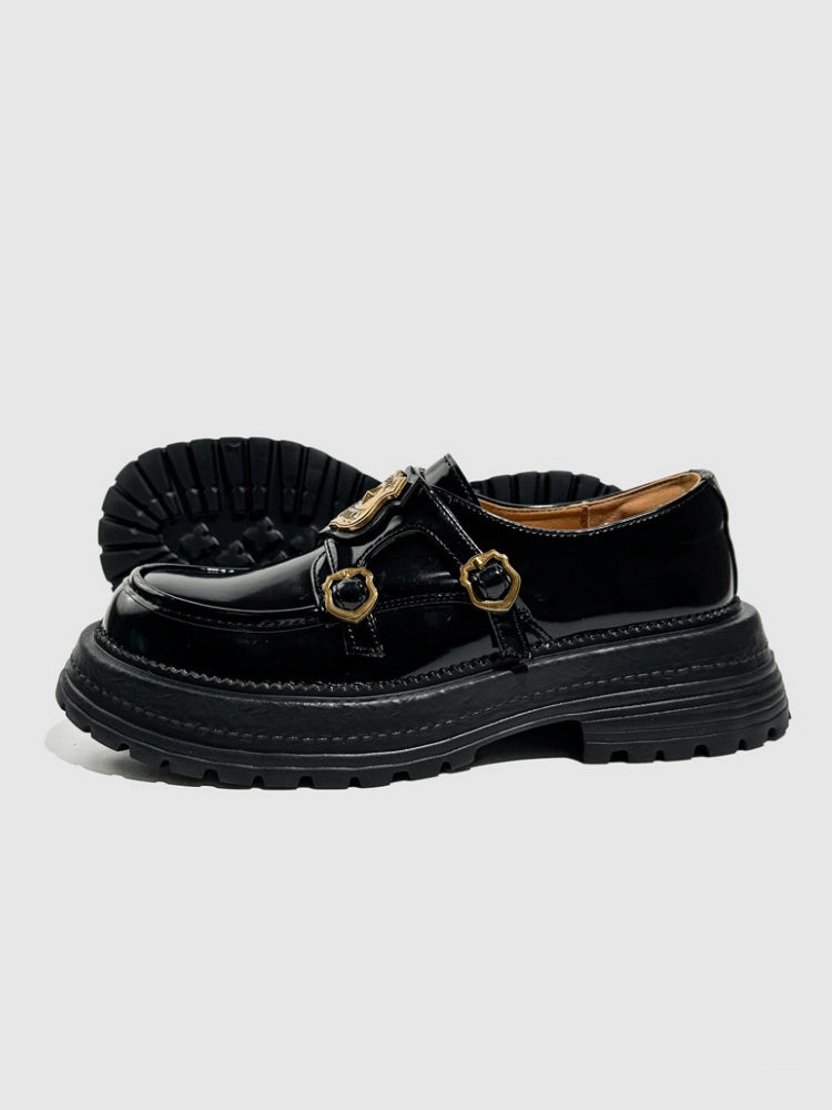 Vintage British College Gold Emblem Charm Platform Loafers【s0000016777】