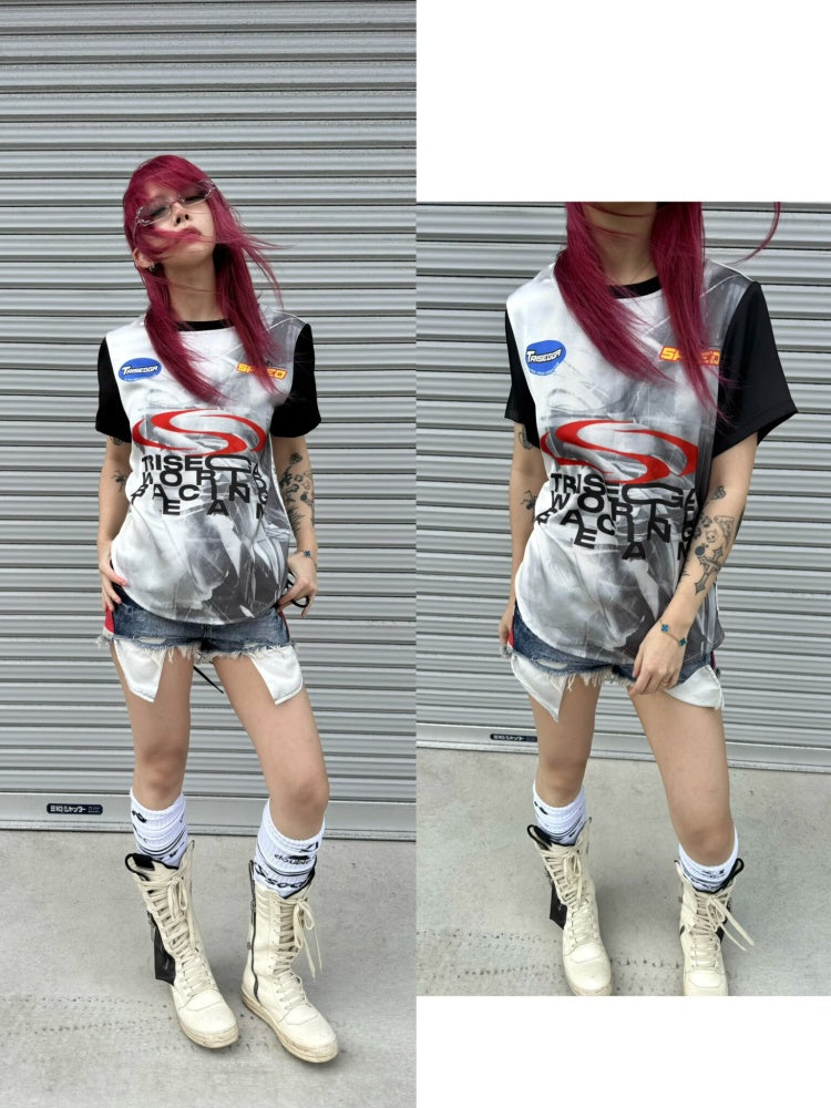 Racing Digital Drawstring Crew Neck Short-Sleeve T-Shirt【s0000016801】