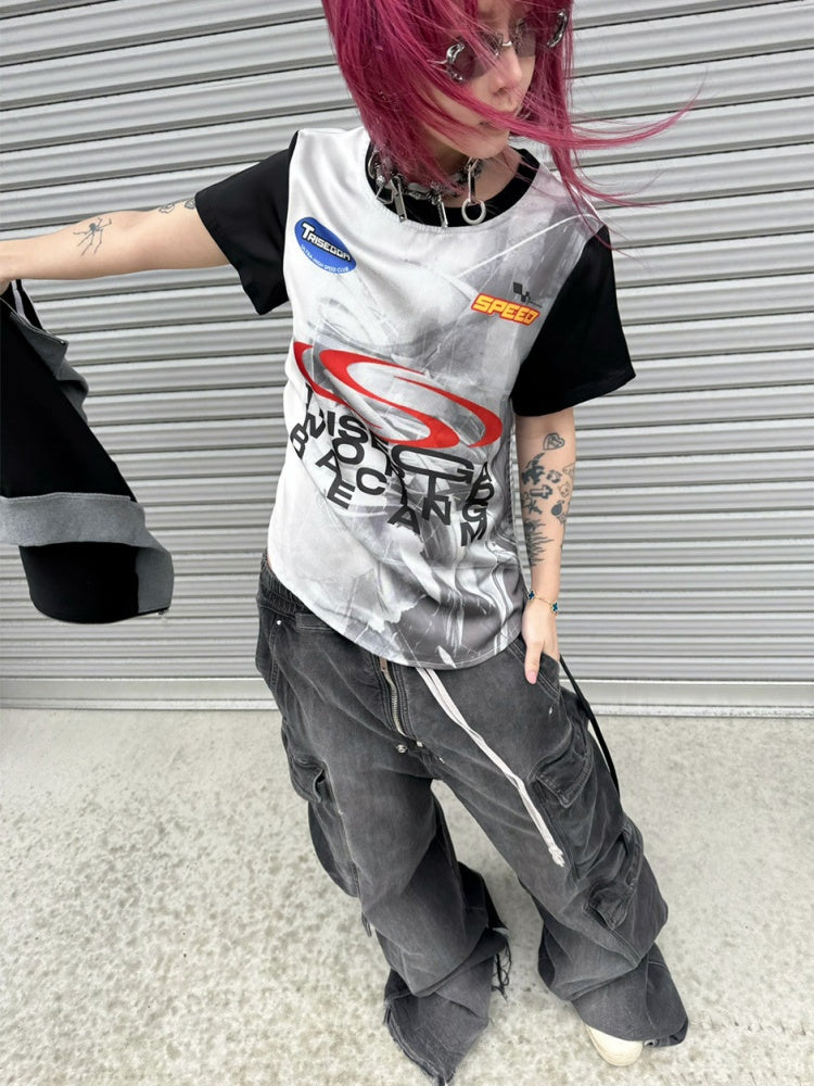 Racing Digital Drawstring Crew Neck Short-Sleeve T-Shirt【s0000016801】