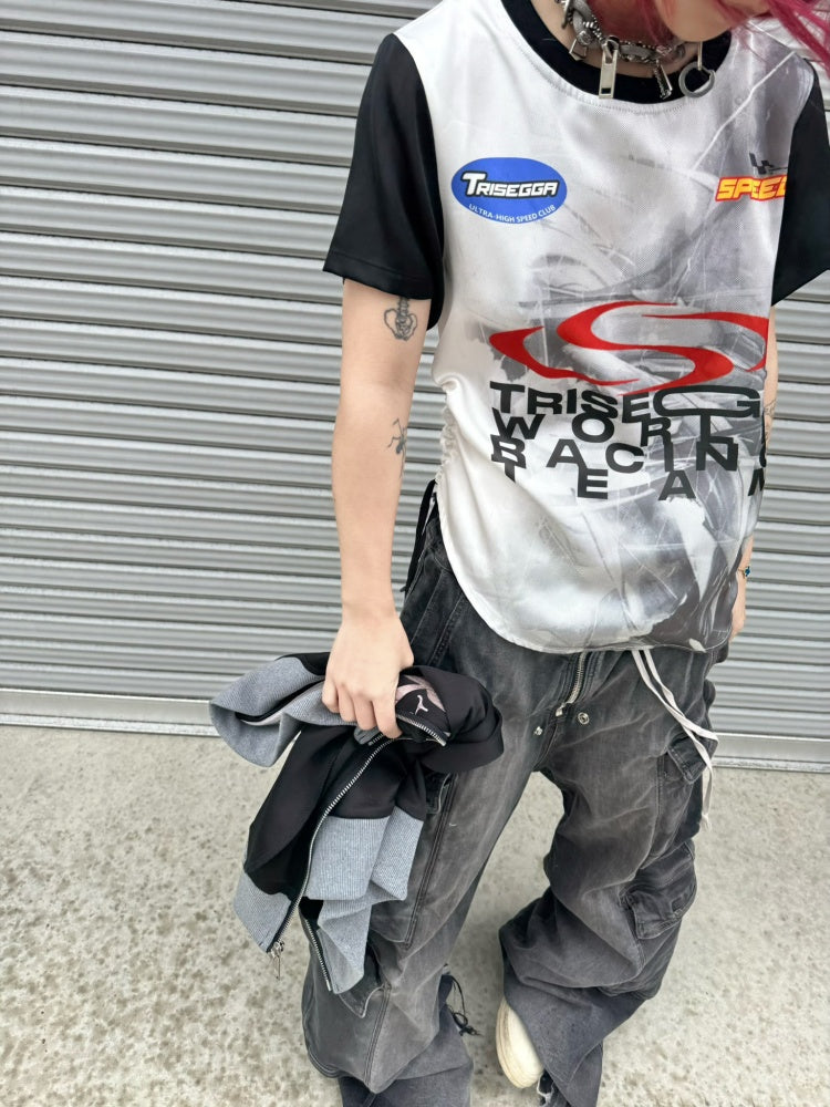 Racing Digital Drawstring Crew Neck Short-Sleeve T-Shirt【s0000016801】