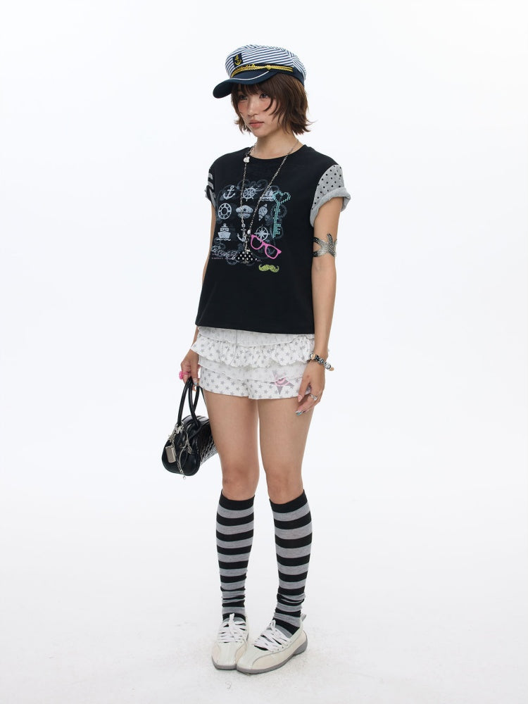 Stitched Printed Raglan Short Sleeve T-Shirt【s0000016812】