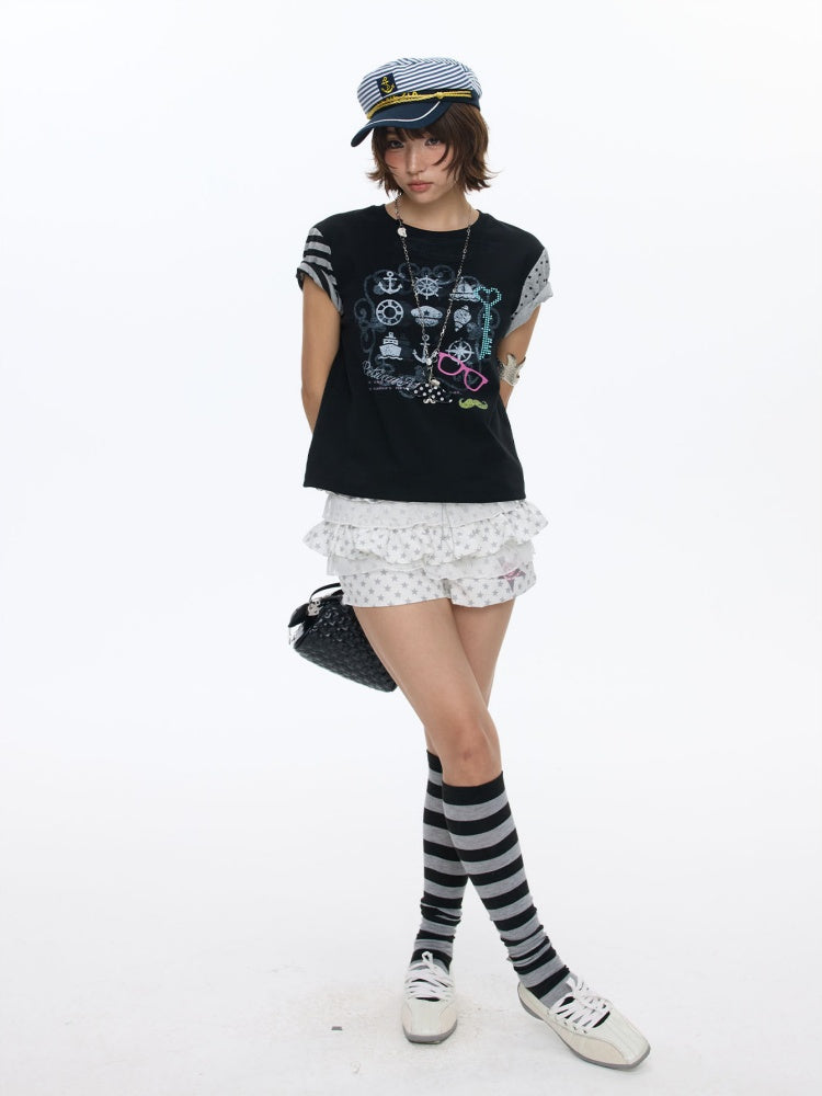 Stitched Printed Raglan Short Sleeve T-Shirt【s0000016812】