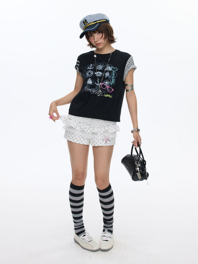 Stitched Printed Raglan Short Sleeve T-Shirt【s0000016812】