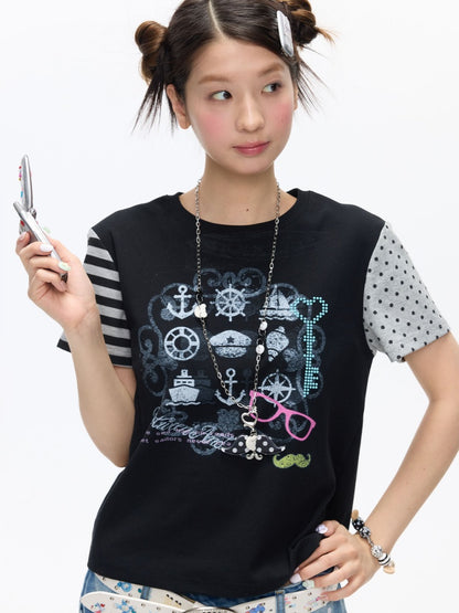 Stitched Printed Raglan Short Sleeve T-Shirt【s0000016812】