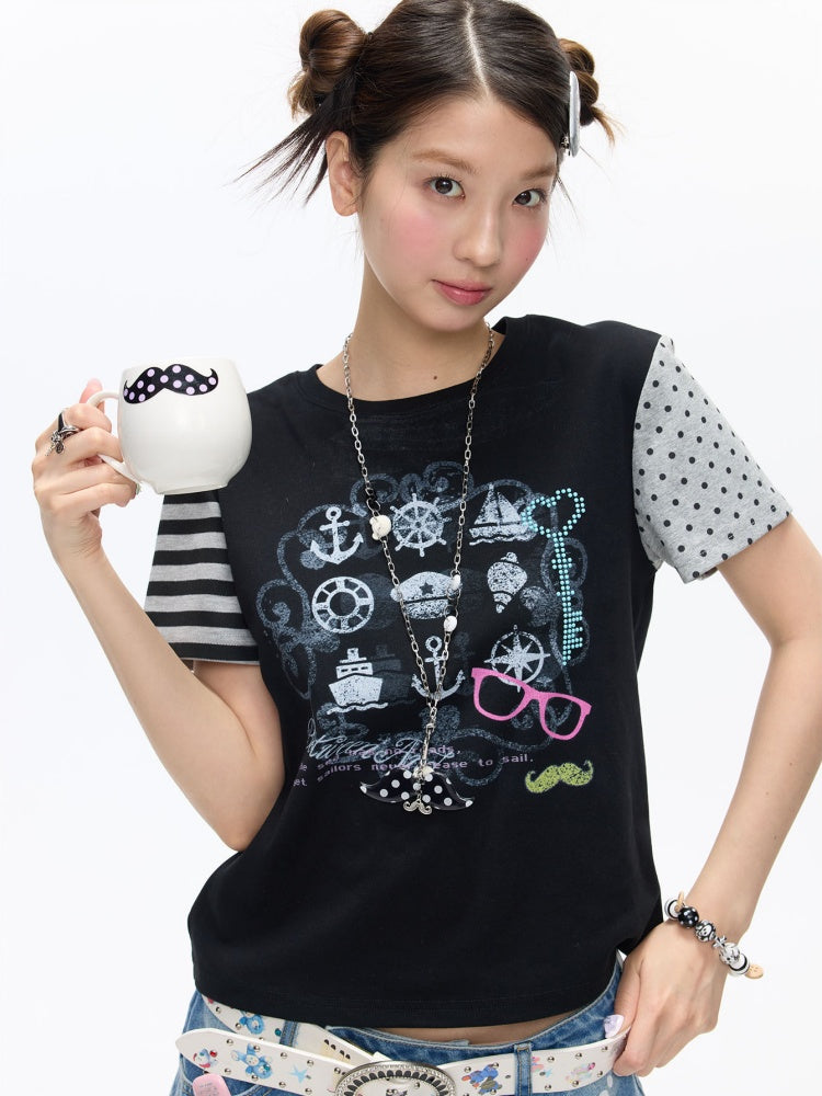 Stitched Printed Raglan Short Sleeve T-Shirt【s0000016812】