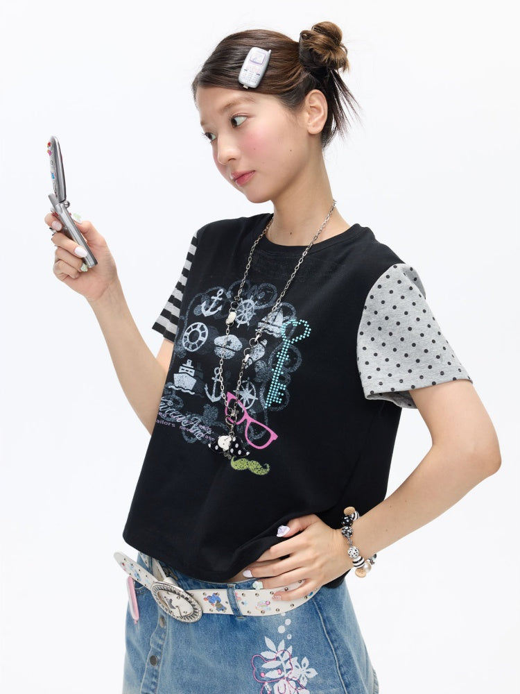 Stitched Printed Raglan Short Sleeve T-Shirt【s0000016812】