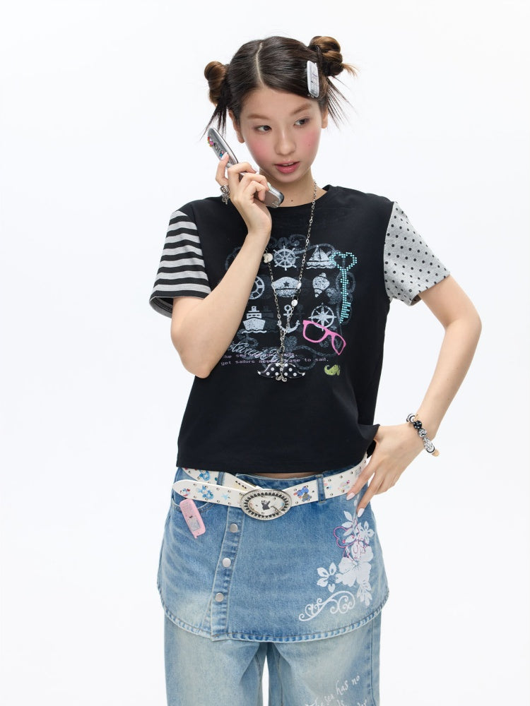 Stitched Printed Raglan Short Sleeve T-Shirt【s0000016812】