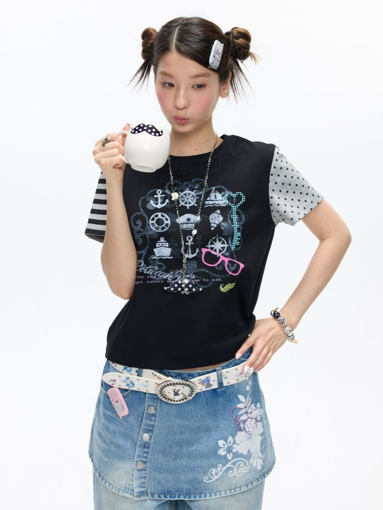 Stitched Printed Raglan Short Sleeve T-Shirt【s0000016812】