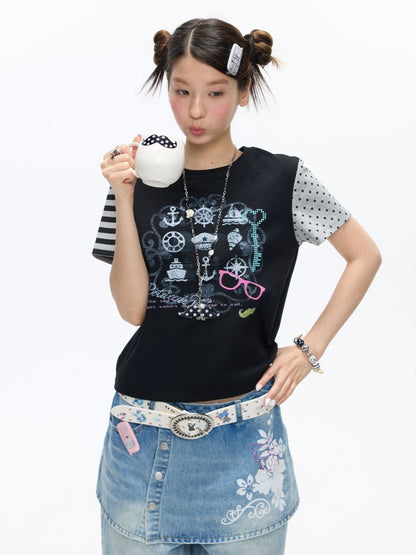 Stitched Printed Raglan Short Sleeve T-Shirt【s0000016812】