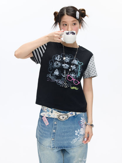 Stitched Printed Raglan Short Sleeve T-Shirt【s0000016812】