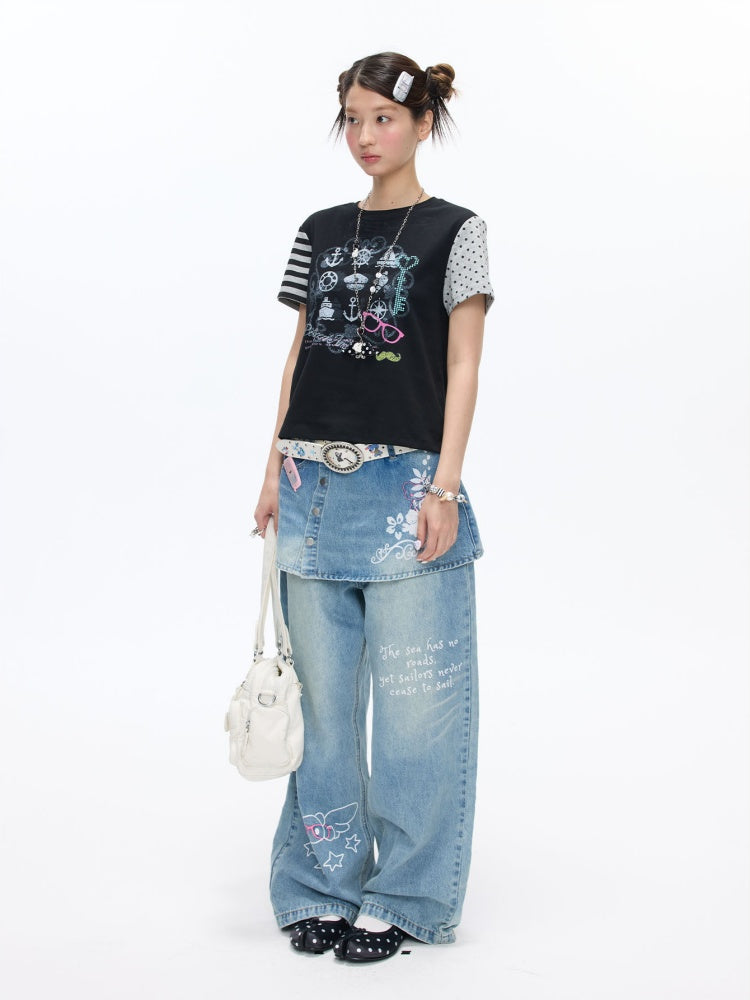Stitched Printed Raglan Short Sleeve T-Shirt【s0000016812】