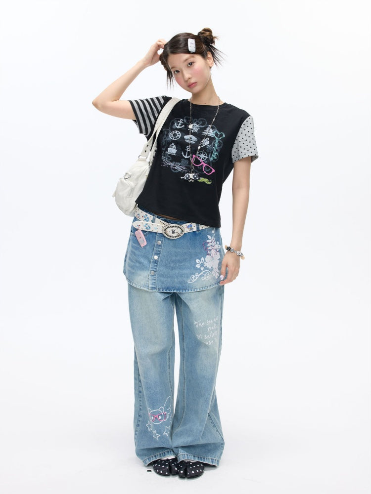 Stitched Printed Raglan Short Sleeve T-Shirt【s0000016812】