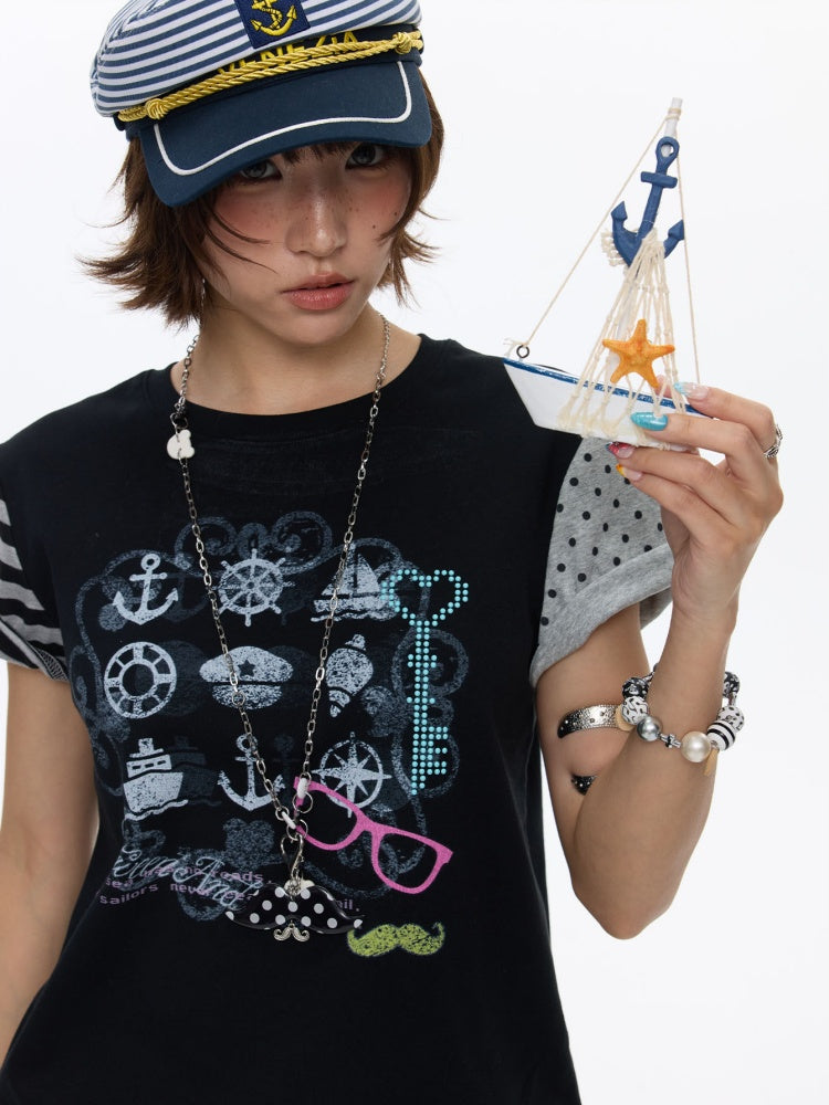 Stitched Printed Raglan Short Sleeve T-Shirt【s0000016812】