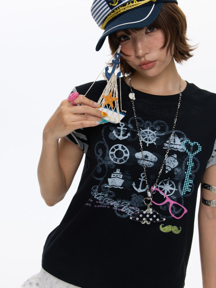 Stitched Printed Raglan Short Sleeve T-Shirt【s0000016812】