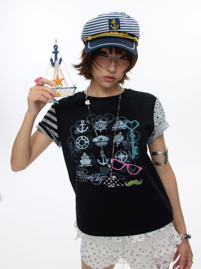 Stitched Printed Raglan Short Sleeve T-Shirt【s0000016812】