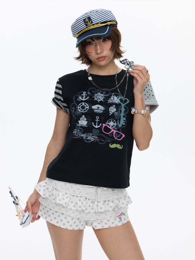 Stitched Printed Raglan Short Sleeve T-Shirt【s0000016812】