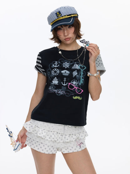 Stitched Printed Raglan Short Sleeve T-Shirt【s0000016812】