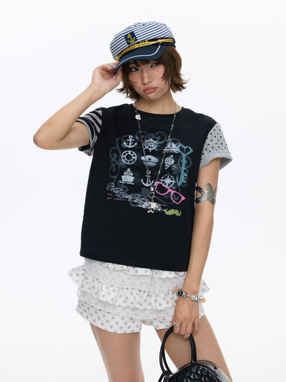 Stitched Printed Raglan Short Sleeve T-Shirt【s0000016812】