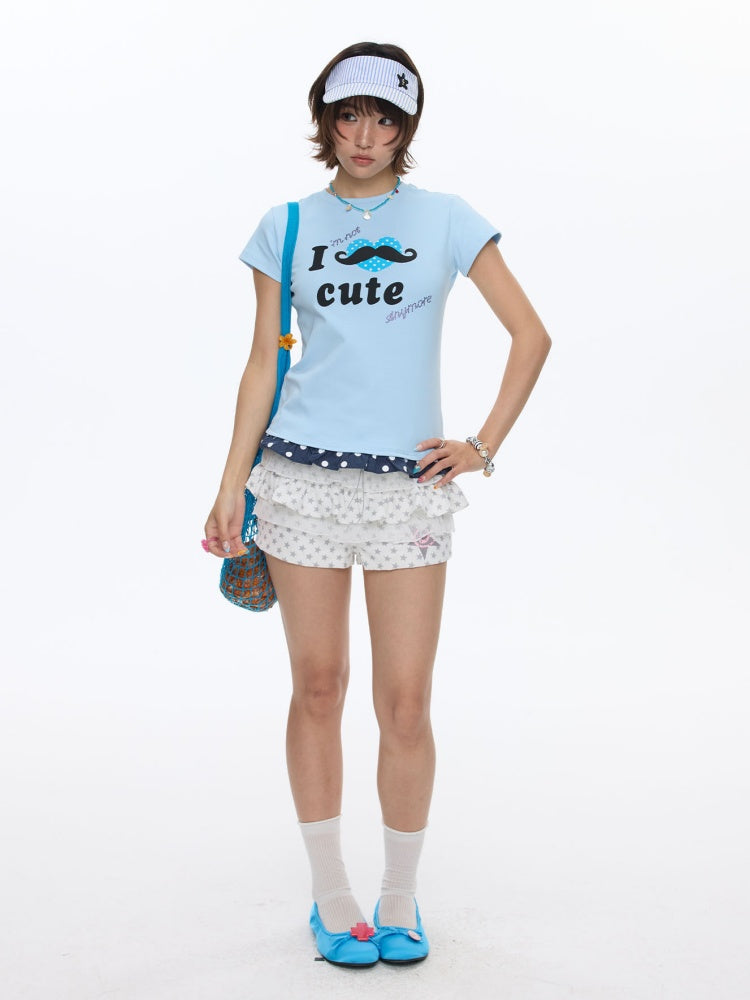 Beard Polka Dot Lace Rhinestone Short-Sleeved T-Shirt【s0000016813】