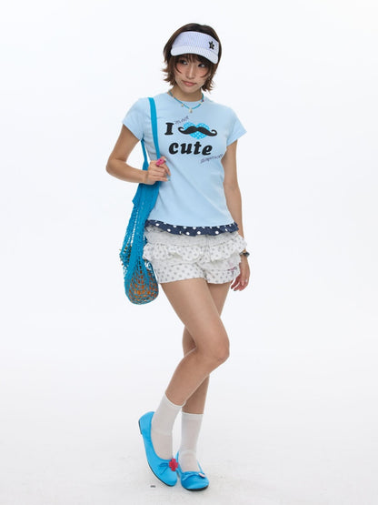 Beard Polka Dot Lace Rhinestone Short-Sleeved T-Shirt【s0000016813】