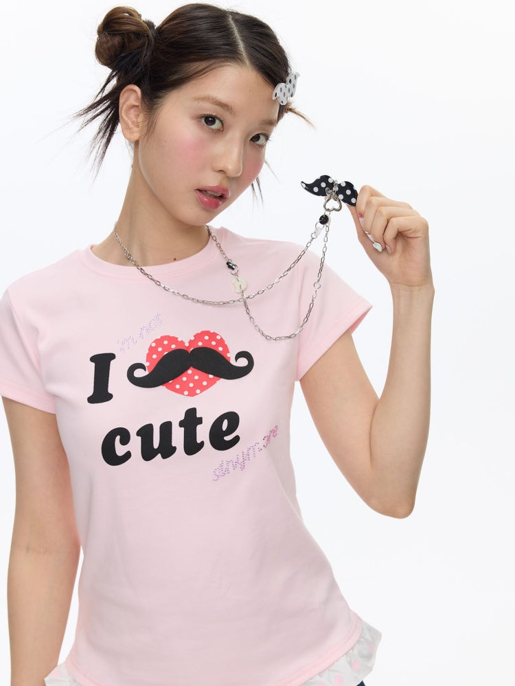 Beard Polka Dot Lace Rhinestone Short-Sleeved T-Shirt【s0000016813】