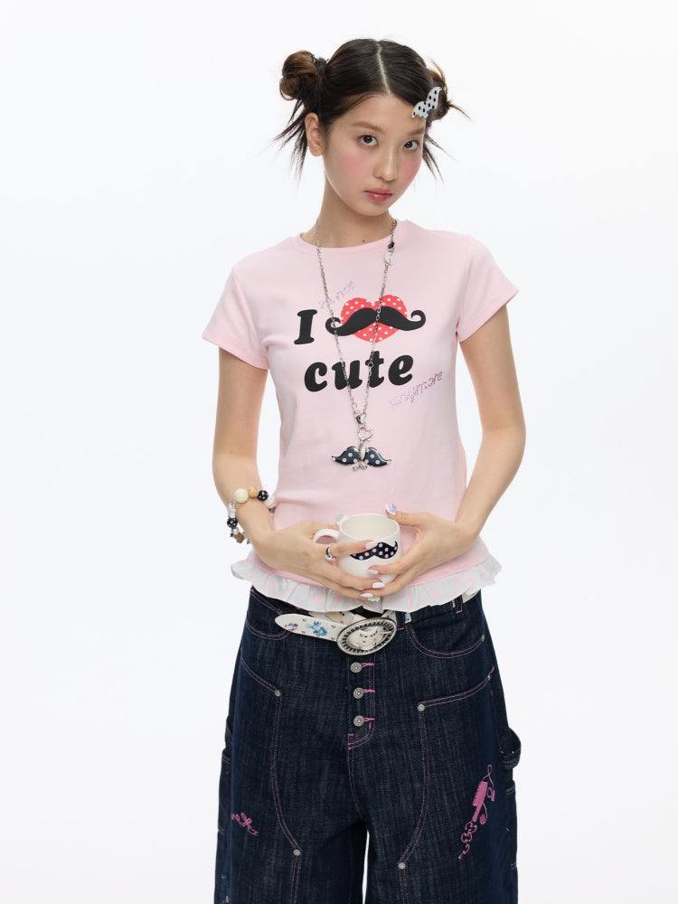 Beard Polka Dot Lace Rhinestone Short-Sleeved T-Shirt【s0000016813】