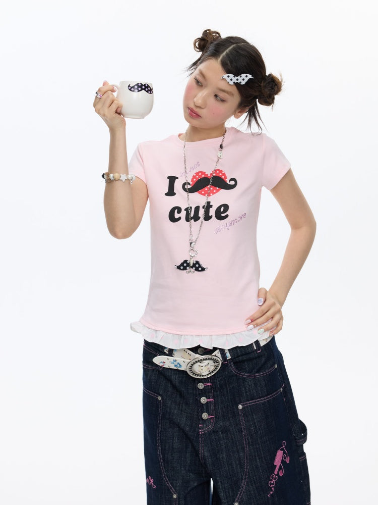 Beard Polka Dot Lace Rhinestone Short-Sleeved T-Shirt【s0000016813】